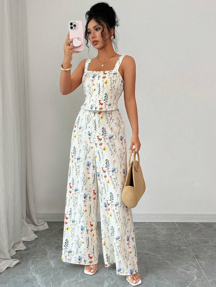 2799 Salopeta Babita Bej cu Imprimeu Floral - imagine 1