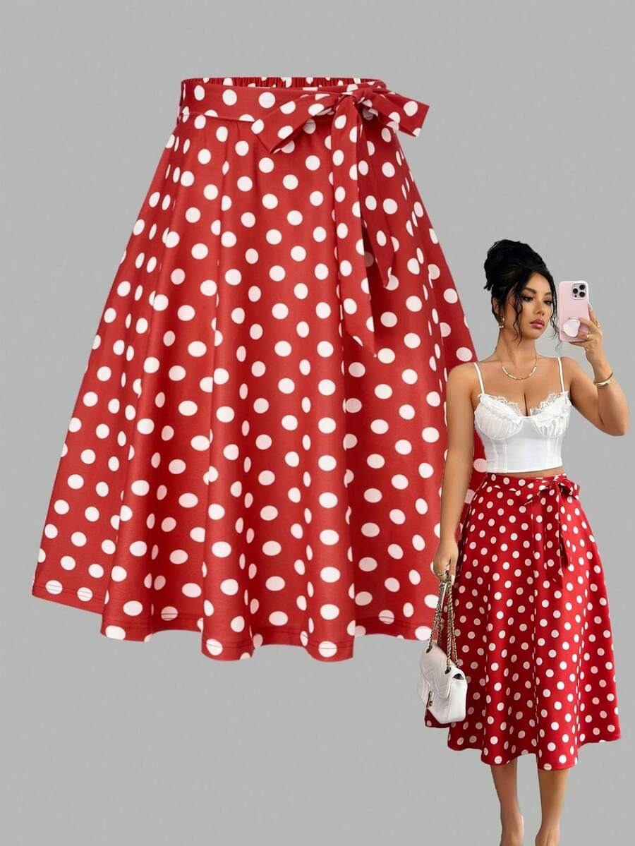2803 Fusta Midi Sharda Rosie cu Buline Albe - imagine 1