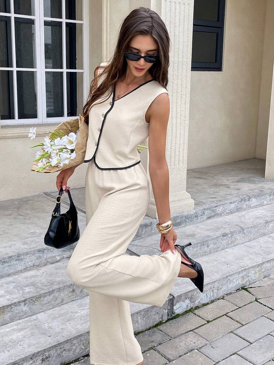 2948 Compleu Mirya Bej format din Vesta si Pantalon - imagine 1