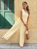 Compleu Evadine Galben cu Dungi Albe format din Vesta si Pantalon - imagine 5