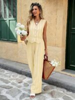 Compleu Evadine Galben cu Dungi Albe format din Vesta si Pantalon - imagine 4