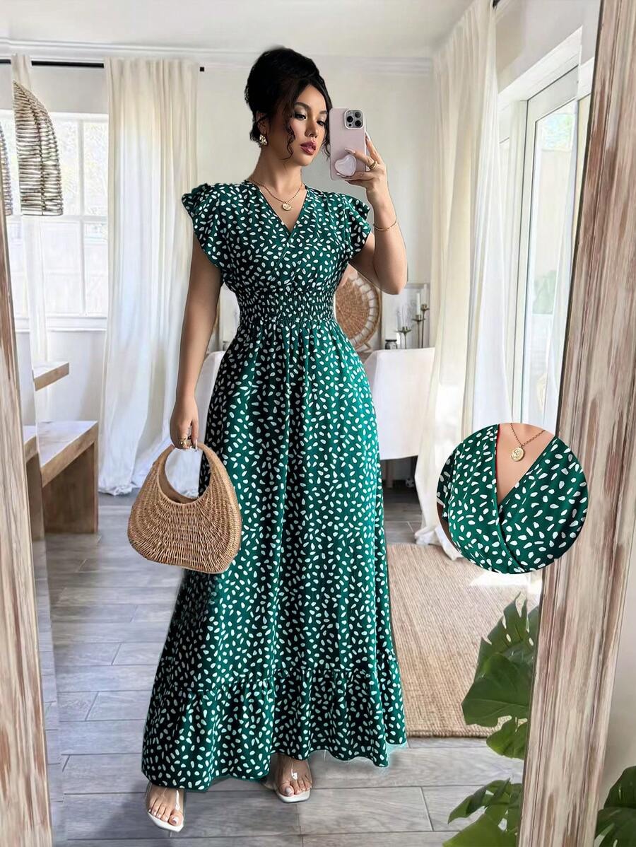 2982 Rochie Lunga Delfina Verde cu Print Geometric Alb - imagine 1
