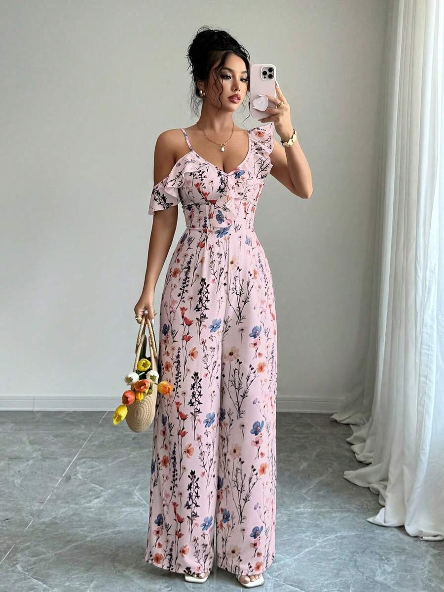 2988 Salopeta Sigrun Roz cu Print Floral - imagine 1