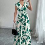 Rochie Lunga Galilee Alba cu Print Floral Verde - imagine 5