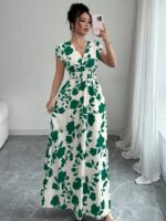 Rochie Lunga Galilee Alba cu Print Floral Verde - imagine 4