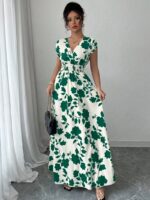 Rochie Lunga Galilee Alba cu Print Floral Verde