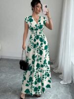 Rochie Lunga Galilee Alba cu Print Floral Verde - imagine 3