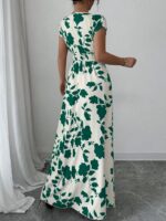 Rochie Lunga Galilee Alba cu Print Floral Verde - imagine 2