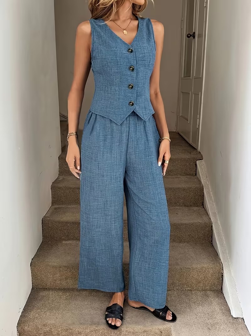 3085 Compleu Cathy Albastru format din Vesta si Pantalon - imagine 1