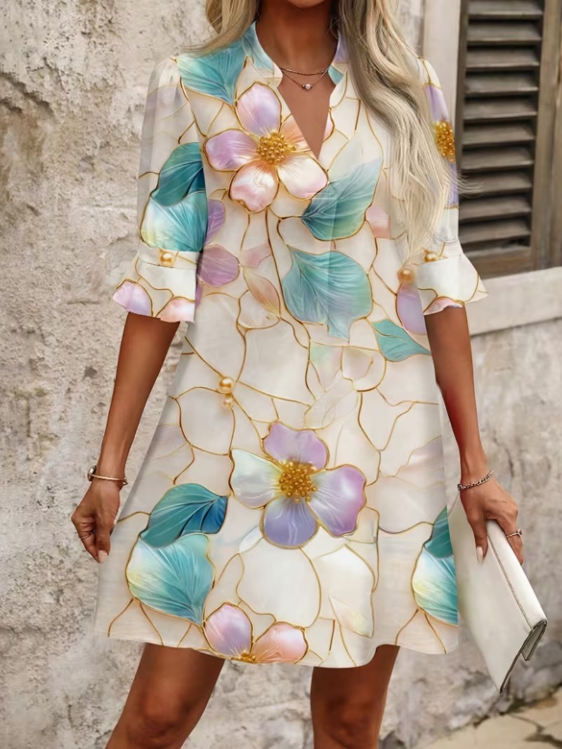 3095 Rochie Scurta Darlina Bej cu Print Floral Multicolor - imagine 1