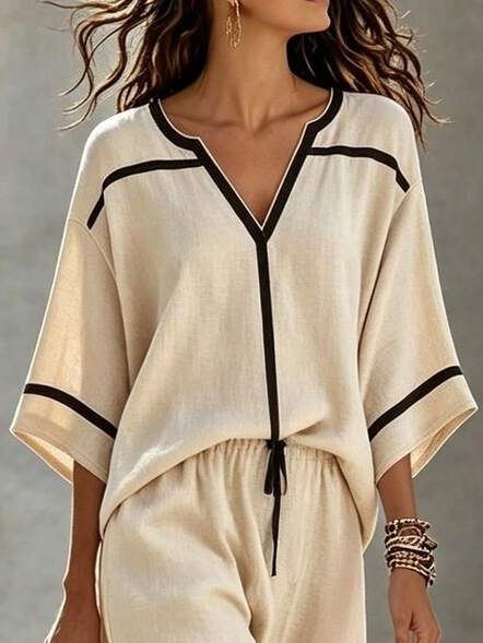 3123 Bluza Dama Osano Bej cu Dungi Negre - imagine 1