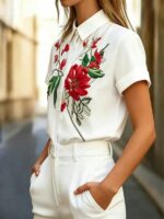Camasa Dama Janin Alba cu Broderie Rosie - imagine 4