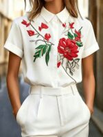 Camasa Dama Janin Alba cu Broderie Rosie