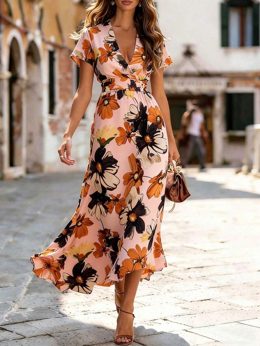 3236 Rochie Midi Anarosa Roz cu Print Floral - imagine 1