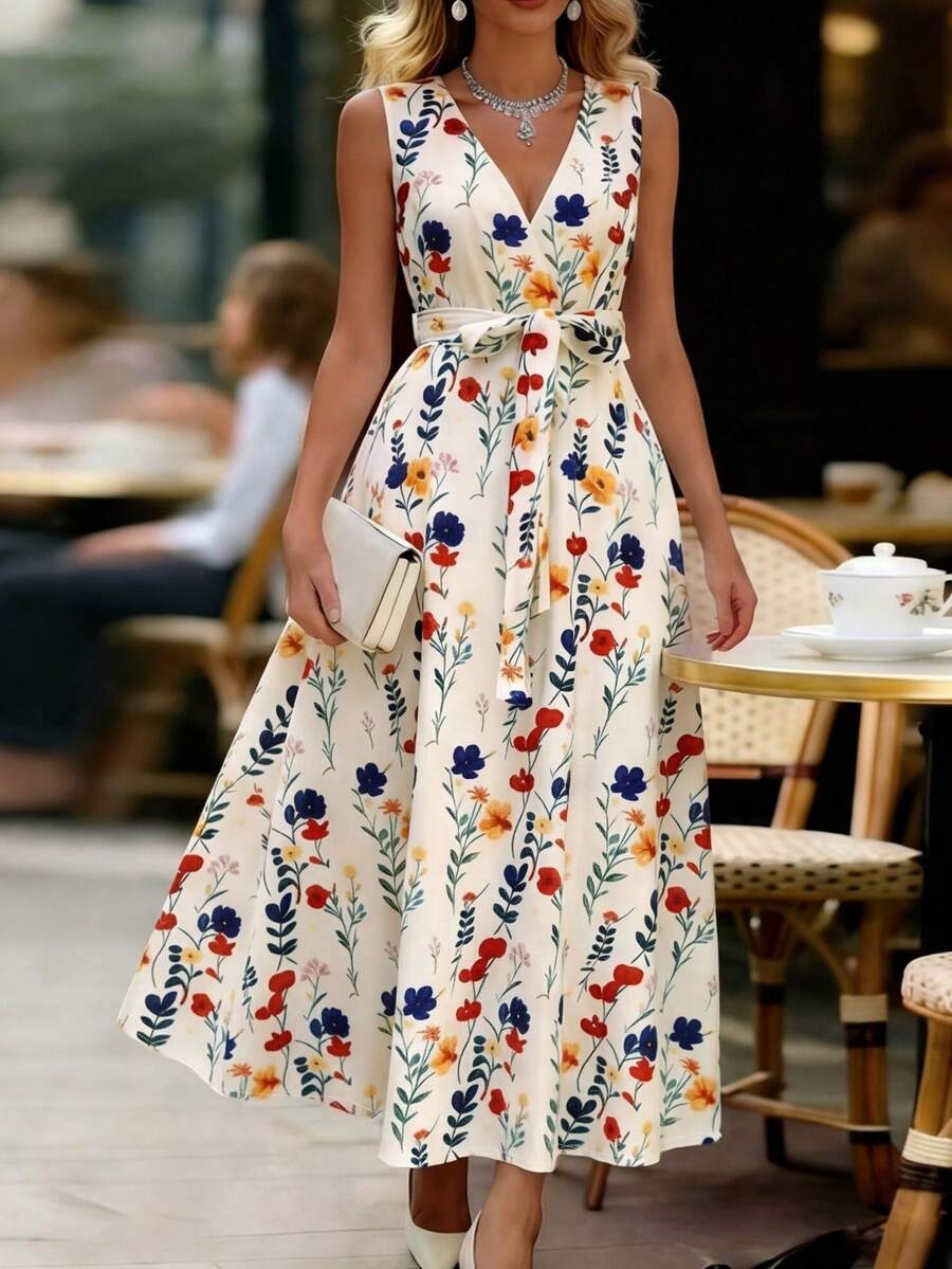 3241 Rochie Midi Elania Bej cu Print Floral - imagine 1