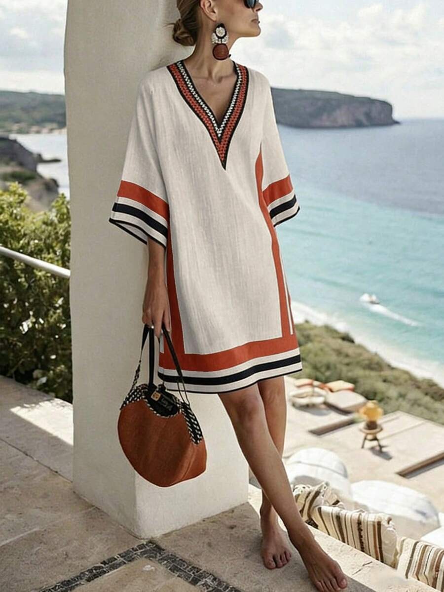 3277 Rochie Scurta Omaya Alba cu Dungi Multicolore - imagine 1
