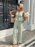 Compleu Mesada Alb cu Carouri Verzi format din Vesta si Pantalon - imagine 4