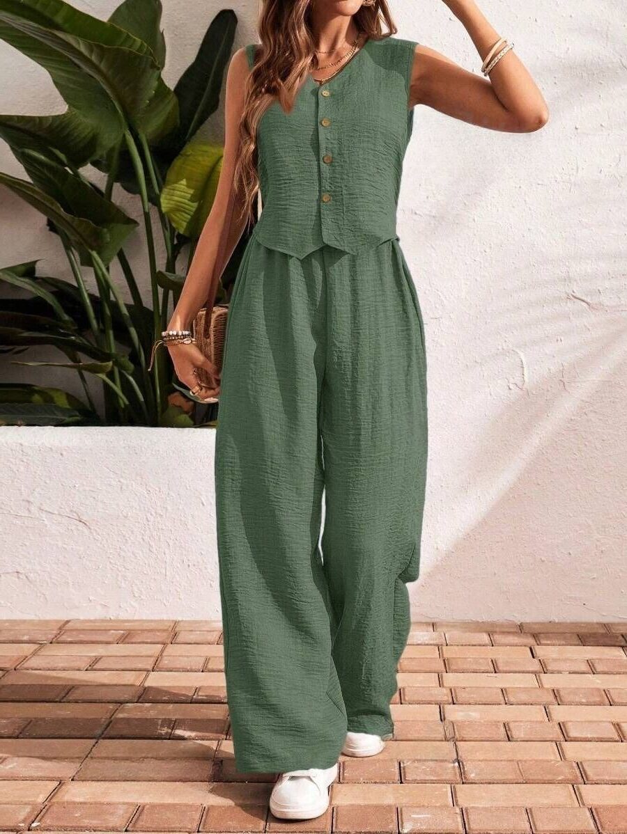 3500 Compleu Natalee Verde Maslin format din Vesta si Pantalon - imagine 1