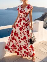 Rochie Lunga Ottie Alba cu Print Floral Rosu