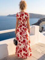 Rochie Lunga Ottie Alba cu Print Floral Rosu - imagine 2
