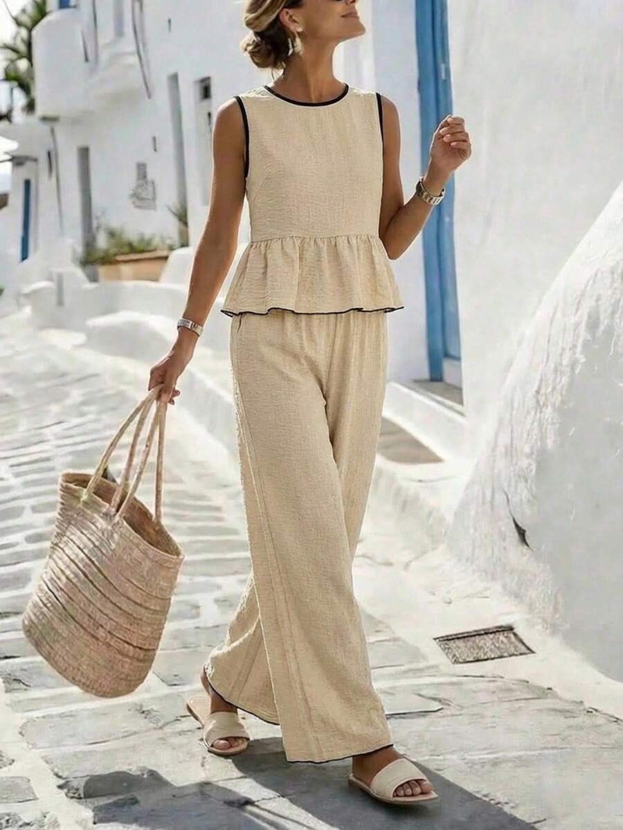 3536 Compleu Lousa Bej format din Top si Pantalon - imagine 1