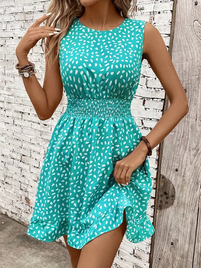 3619 Rochie Scurta Corinne Turcoaz cu Print Geometric Alb - imagine 1