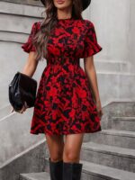 Rochie Scurta Dafna Rosie cu Print Floral Negru - imagine 3