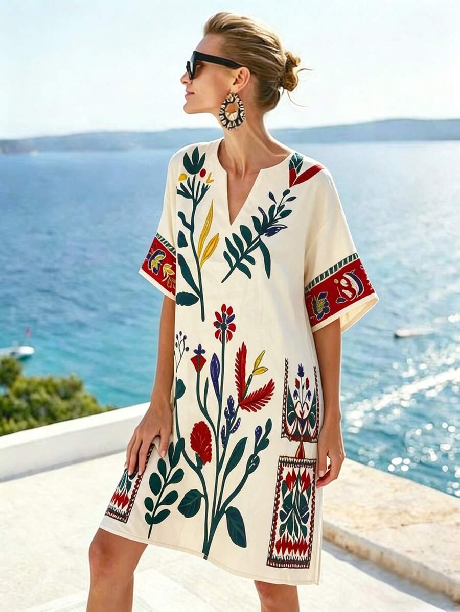 3722 Rochie Scurta Zanaida Crem cu Print Floral Multicolor - imagine 1