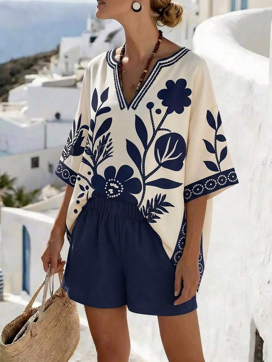 3770 Compleu Alfsol Alb cu Print Floral Bleumarin format din Top si Pantalon - imagine 1
