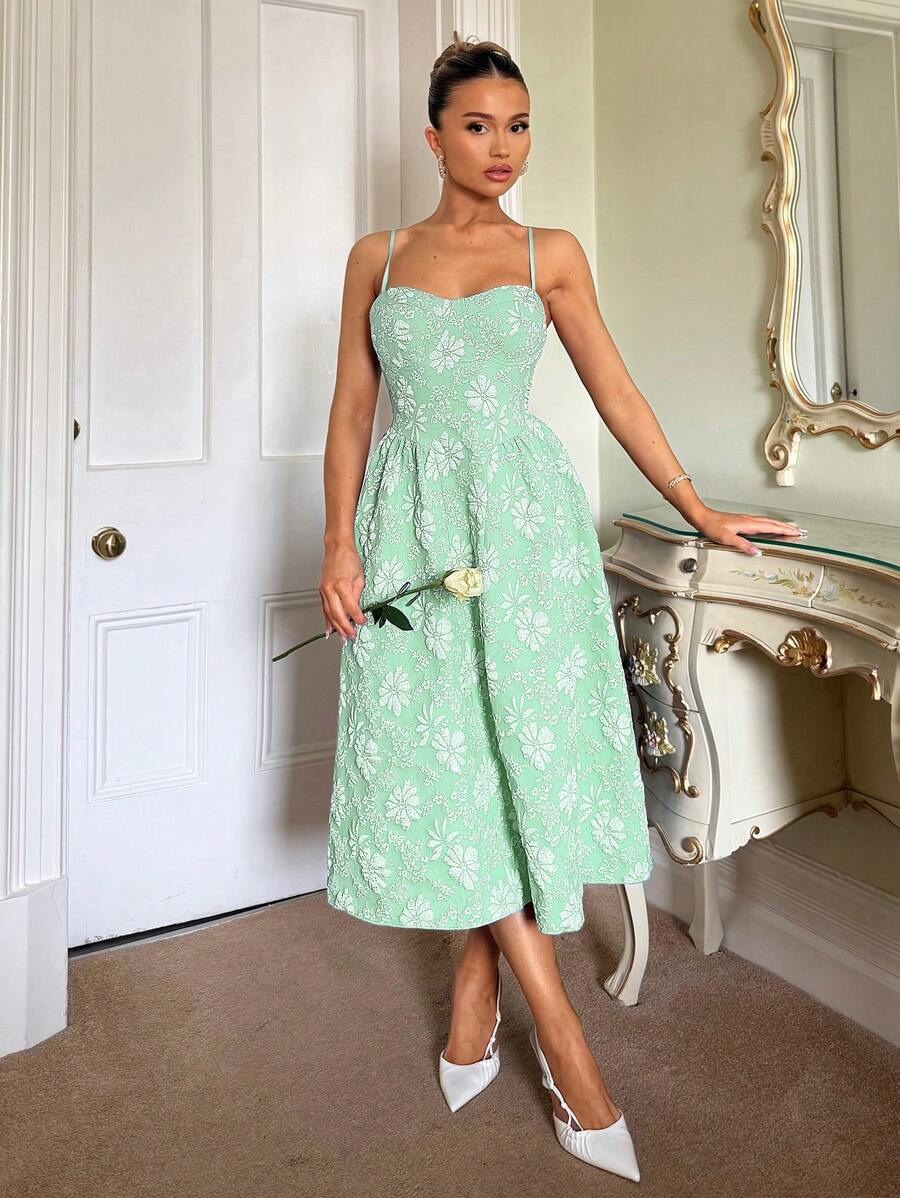 3773 Rochie Midi Noria Vernil cu Flori in Relief - imagine 1