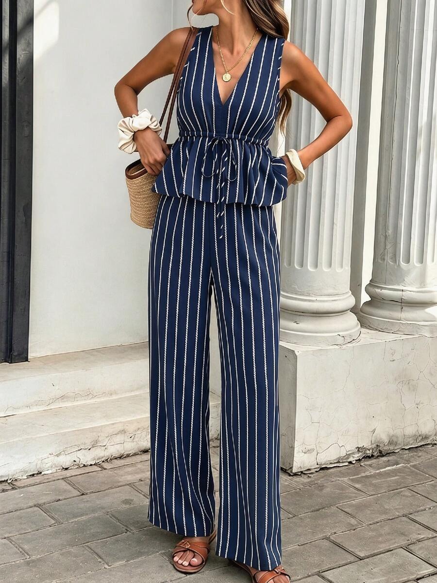 3787 Compleu Iselina Bleumarin cu Dungi Albe format din Vesta si Pantalon - imagine 1