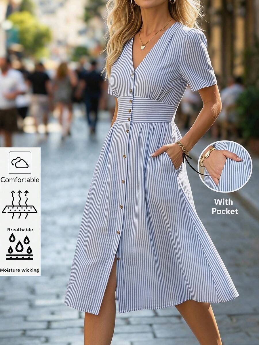 3907 Rochie Midi Chatrine Alba cu Dungi Bleu - imagine 1