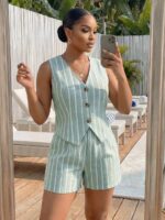 Compleu Jesephin Vernil cu Dungi Albe format din Top si Pantalon Scurt - imagine 5