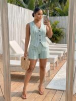 Compleu Jesephin Vernil cu Dungi Albe format din Top si Pantalon Scurt - imagine 4