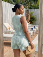 Compleu Jesephin Vernil cu Dungi Albe format din Top si Pantalon Scurt - imagine 2