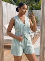 Compleu Jesephin Vernil cu Dungi Albe format din Top si Pantalon Scurt