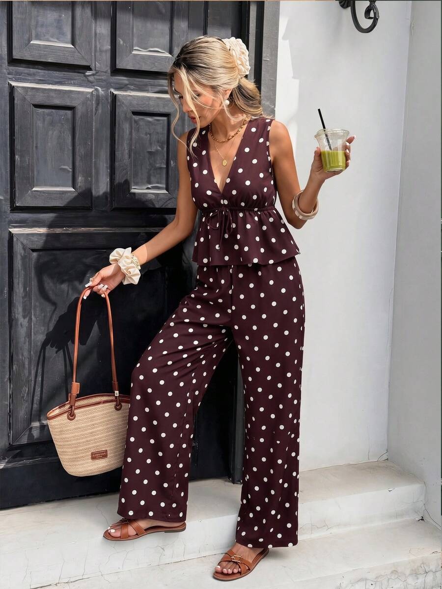 3977 Compleu Sorana Maro cu Buline Albe format din Vesta si Pantalon - imagine 1