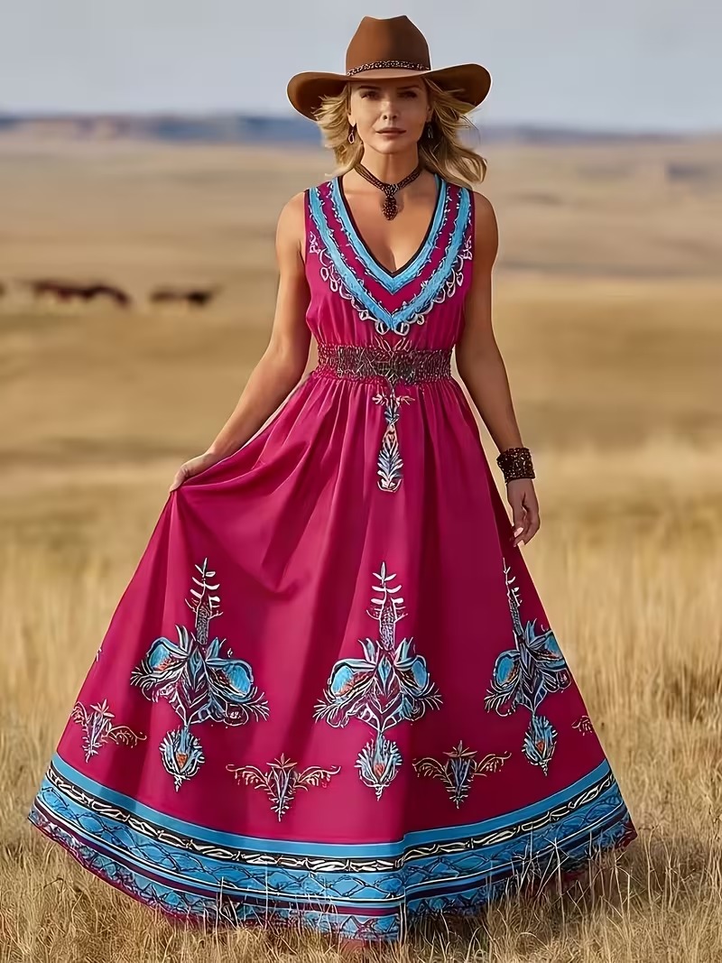 4014 Rochie Lunga Adonika Roz cu Print Geometric Bleu - imagine 1
