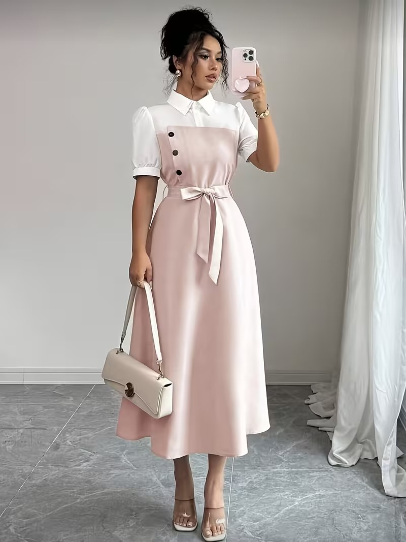 4033 Rochie Lunga Edla Roz Pudra cu Guler Tip Camasa - imagine 1