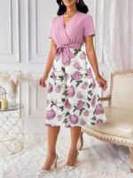 Rochie Midi Yomira in 2 culori Alb si Roz cu Print Floral Roz - imagine 5