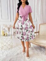 Rochie Midi Yomira in 2 culori Alb si Roz cu Print Floral Roz - imagine 4