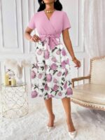 Rochie Midi Yomira in 2 culori Alb si Roz cu Print Floral Roz - imagine 3