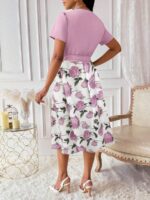 Rochie Midi Yomira in 2 culori Alb si Roz cu Print Floral Roz - imagine 2