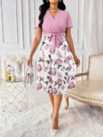 Rochie Midi Yomira in 2 culori Alb si Roz cu Print Floral Roz