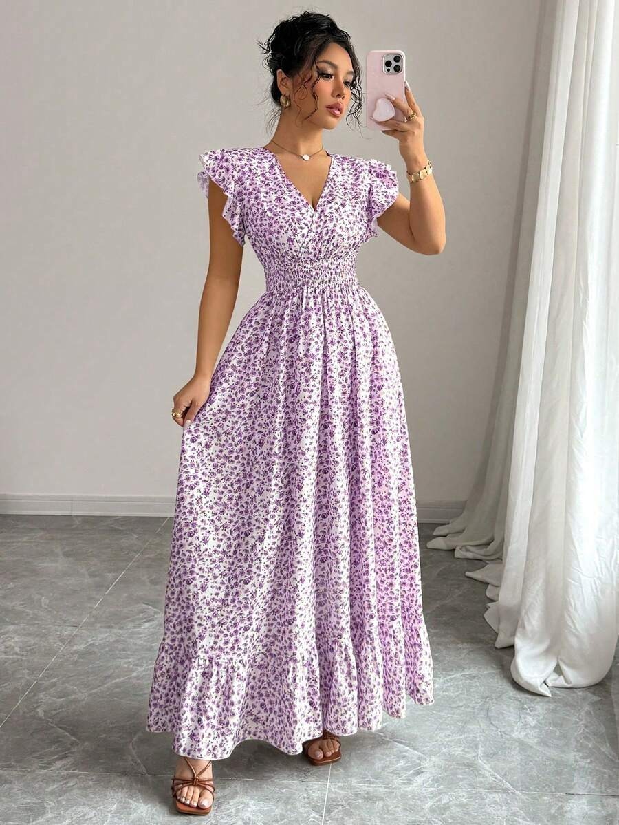 4148 Rochie Lunga Adira Alba cu Print Floral Mov - imagine 1