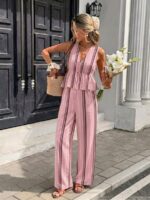 Compleu Lisken Roz cu Dungi Multicolore format din Vesta si Pantalon - imagine 3