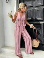 Compleu Lisken Roz cu Dungi Multicolore format din Vesta si Pantalon