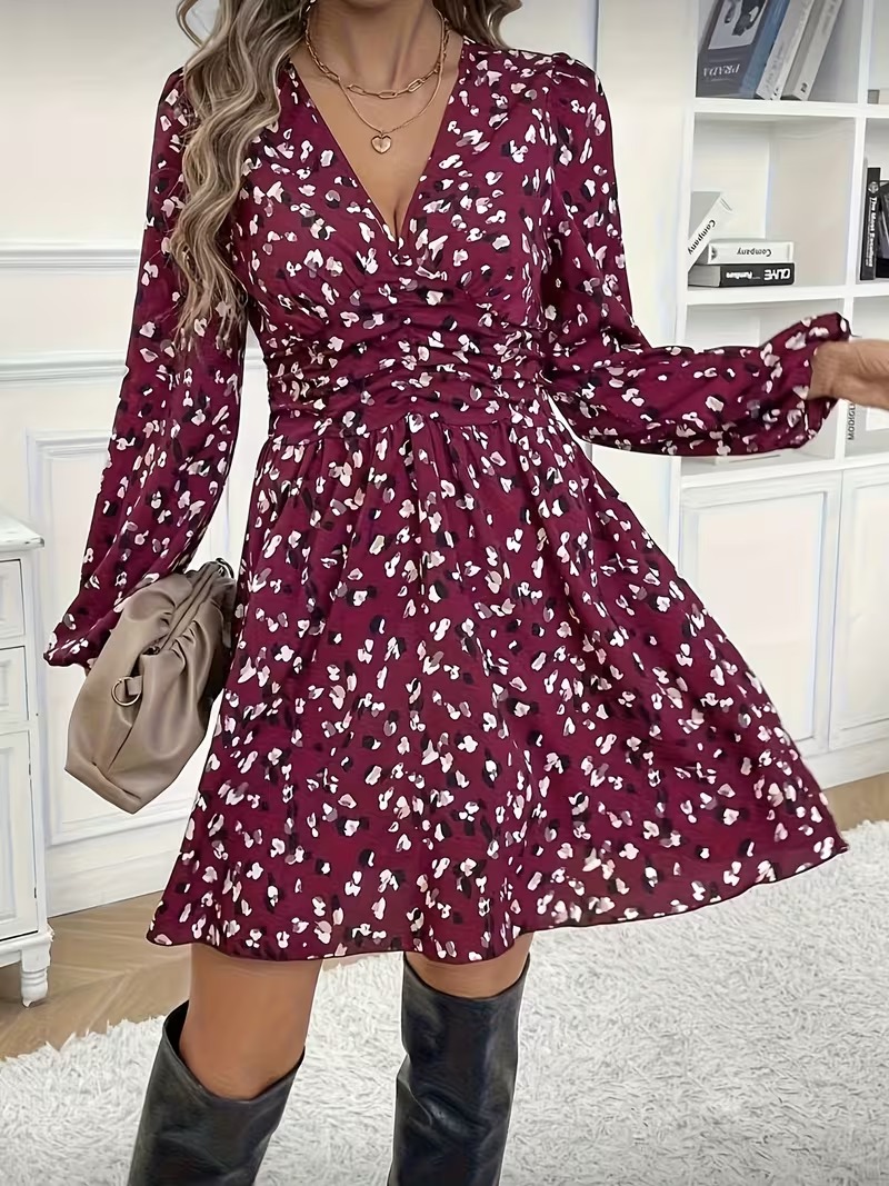 4 Rochie Scurta Monaco Grena cu Print Geometric - imagine 1