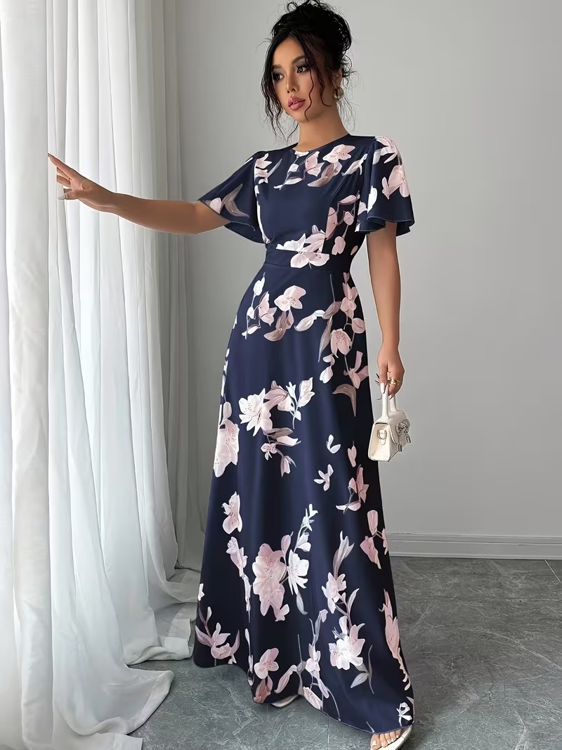 4 Rochie Lunga Vesla Bleumarin cu Print Floral Roz - imagine 1
