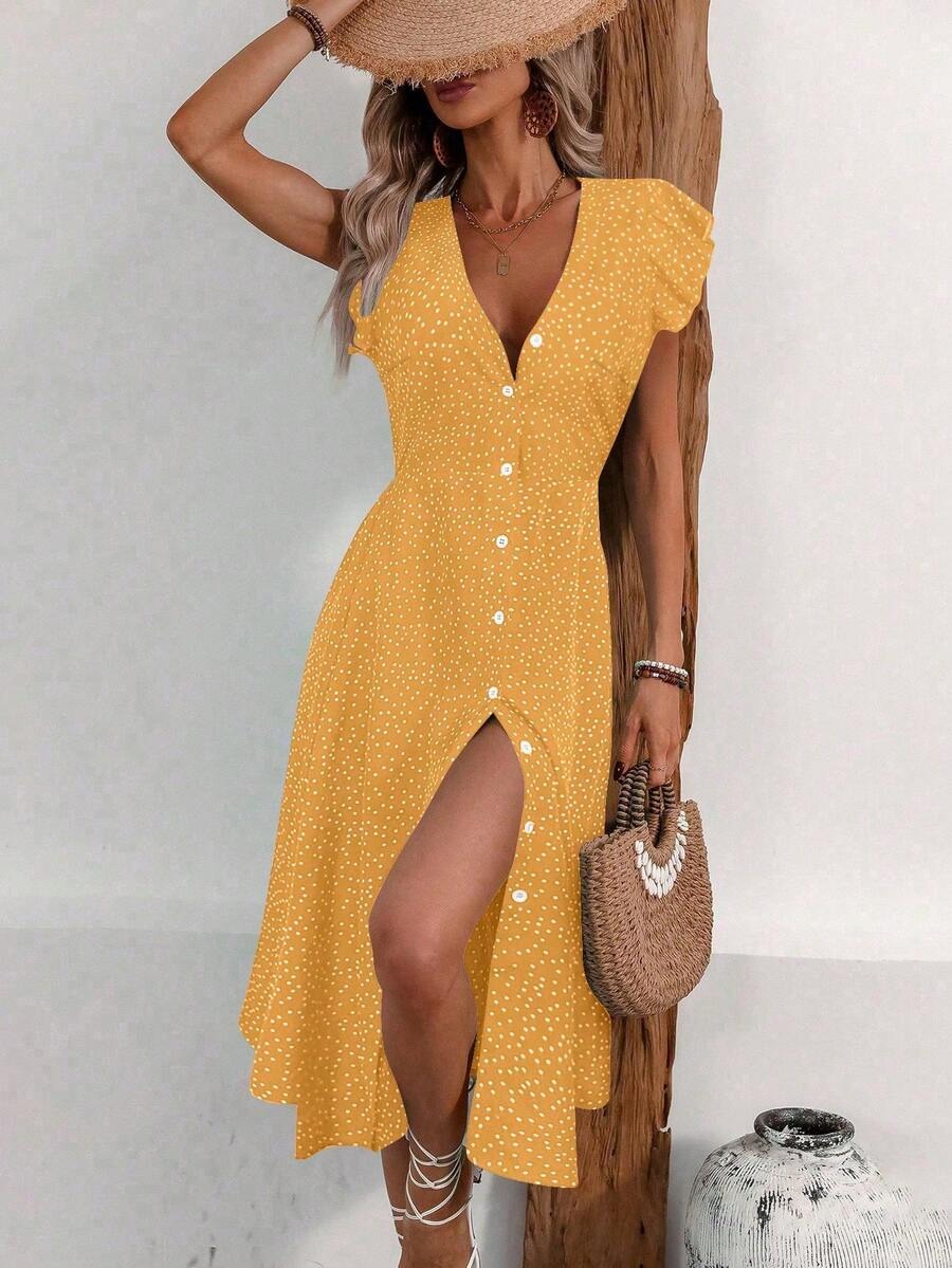 4194 Rochie Midi Betine Galbena cu Buline Negre - imagine 1